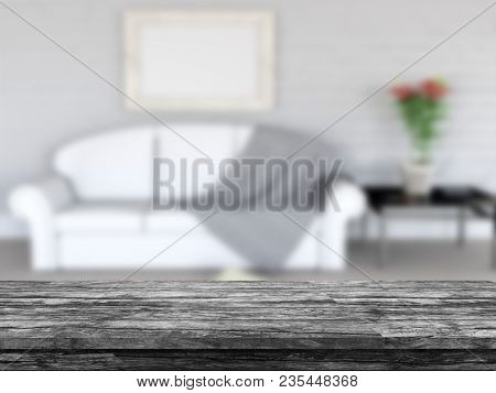 3D render of a vintage wooden table looking out to a defocussed lounge interior
