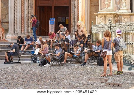 Bergamo, Italy: July 08 2017 - Architecture Students Drawing Architectural Details During En Plein A