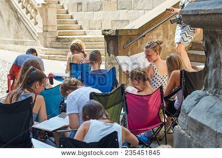 Bergamo, Italy: July 08 2017 - Architecture Students Drawing Architectural Details During En Plein A