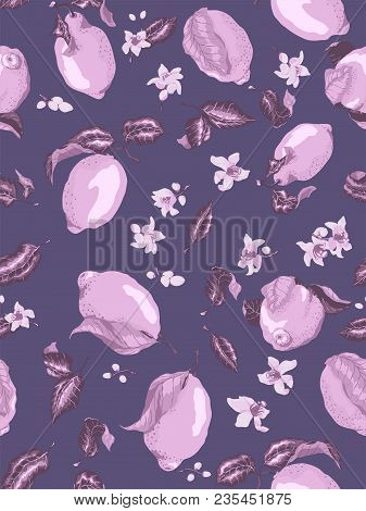 Seamless Pattern In Violet And Purplre Colors With Citrus Lemon Fruits And Blooming Flowers On The P