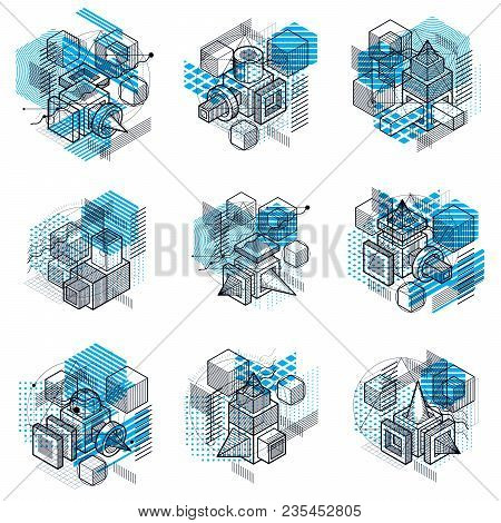 Isometric Abstractions With Lines And Different Elements, Vector Abstract Backgrounds. Compositions 