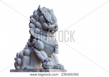Lion Statue In Chaina Temple Isolate White Background With Clippingpath