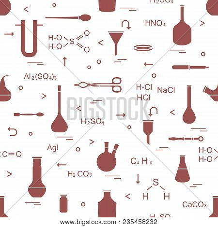 Pattern With Chemical, Biological, Scientific, Education And Research Elements: Flasks, Formulas, Be