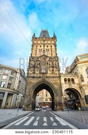 Prague, Czech Republic - October 9, 2017: Beautiful Ancient Powder Tower, Prague, Czech Republic. Po