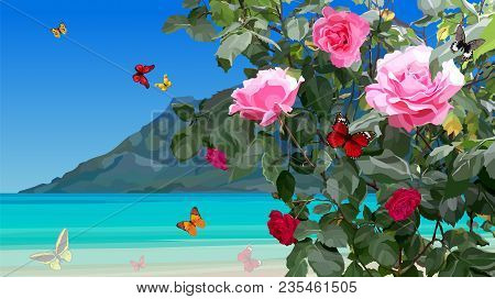 Summer Azure Coast With Rose Bushes And Flying Butterflies