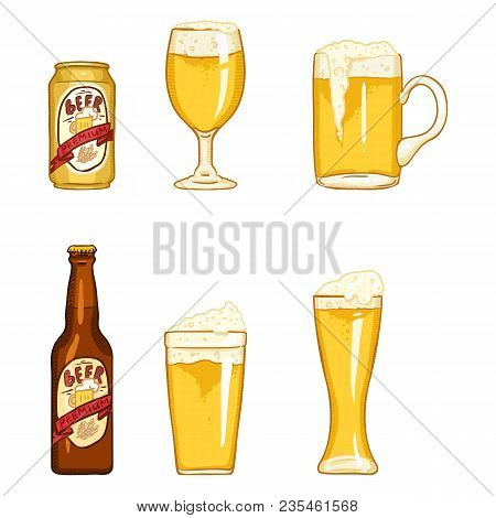 Vector Cartoon Set Of Beer Glasses, Bottle And Can.