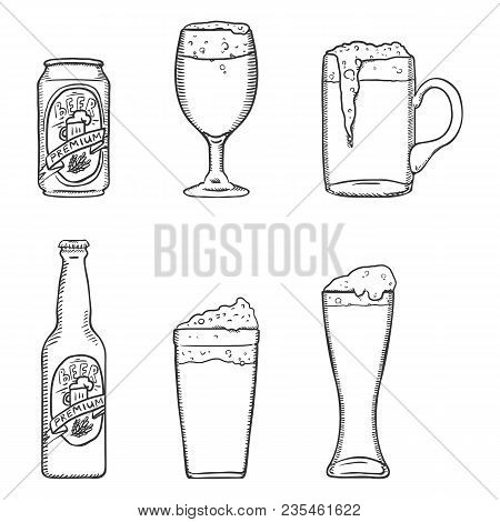 Vector Sketch Set Of Beer Glasses, Bottle And Can.