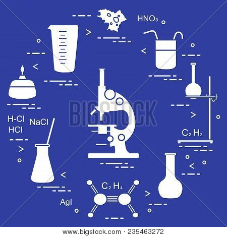 Chemistry Scientific, Education Elements: Microscope, Flasks, Tripod, Formulas, Beaker, Burner, Amoe