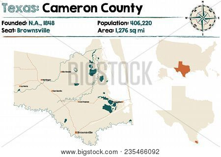 Detailed Map Of Cameron County In Texas, Usa.