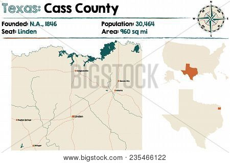 Detailed Map Of Cass County In Texas, Usa.