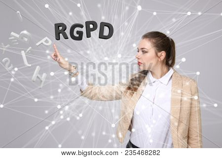 RGPD, Spanish, French and Italian version version of GDPR: Reglamento General de Proteccion de datos. General Data Protection Regulation. Young woman working with information.