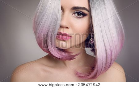 Ombre Bob Hairstyle Blonde Girl Portrait. Purple Makeup. Beautiful Hair Coloring Woman. Fashion Tren