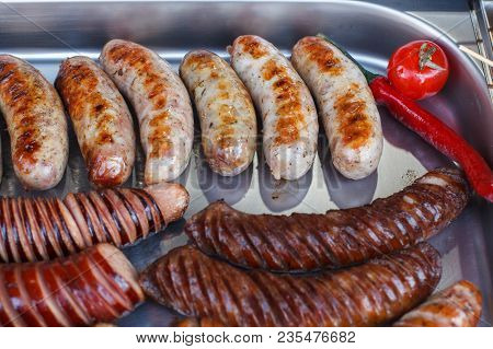 Grilled Fruit And Vegetable. Delicious Grilled Sausages. Fine Food Fair.