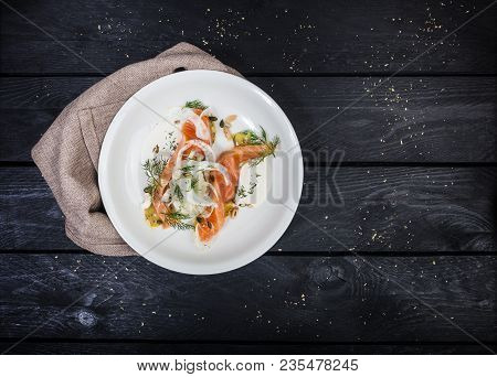Lightly Salted Salmon With Fennel And Apple, Served On The White Plate And Linen Napkin With Wooden 