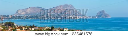 Azure Tyrrhenian Sea Bay And Rock Of Capo Zafferano View From Coastline Highway Road E90, Palermo Re