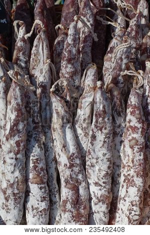 Traditional Sausage Is Dry In Market. Gastronomic Products For Gourme.