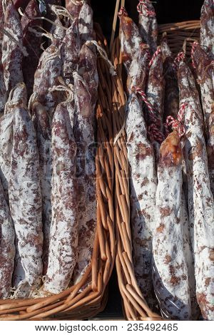 Traditional Sausage Is Dry In Market. Gastronomic Products For Gourme.