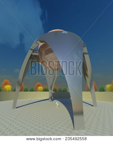 The Big Ball Monument 3d Illustration. Shiny, Reflecting Metal Structute Architectural Design, Green