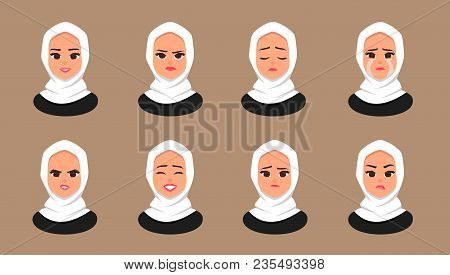 Set Facial Expressions Young Arabic Business Woman Wearing White Hijab. Arabian Girl Face Covered Wi