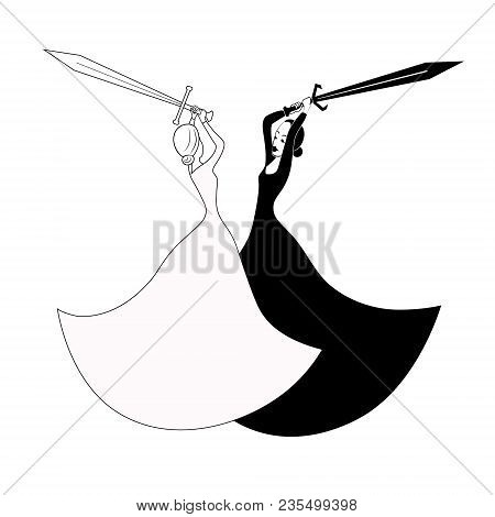 Black And White Women With Swords Fight. Vector Hand Drawing Outline Illustration.