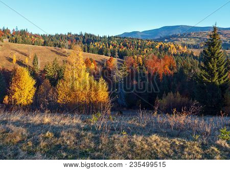 Morning Carpathian Mountains And Village Hamlets On Slopes (yablunytsia Village And Pass, Ivano-fran