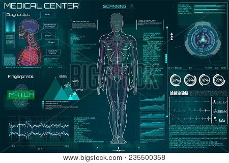 A Modern Medical Interface For Monitoring Human Scanning And Analysis, Hud Style. Futuristic User In