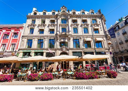 Oslo, Norway - July 20, 2017: Street Cafe At The Karl Johans Gate, The Main Pedestrian Street In Osl