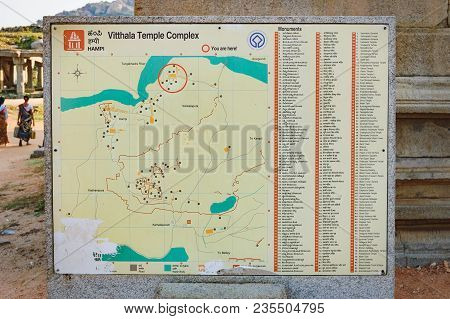 Hampi, India - November 20, 2012: Vintage Sign With Old Map Of The Ancient Ruins Of Vitthala Temple 