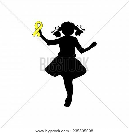 Silhouette Girl With Yellow Ribbon. World Chilhood Cancer Day. Vector Illustration