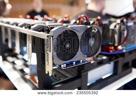 Cryptocurrency Mining Equipment Rig - Lots Of Gpu Cards On Mainboard. Graphics Processing Units Conn
