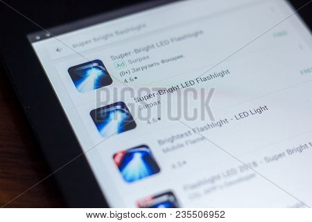 Ryazan, Russia - March 21, 2018 - Super Bright Led Flashlight Icon On The List Of Mobile Apps
