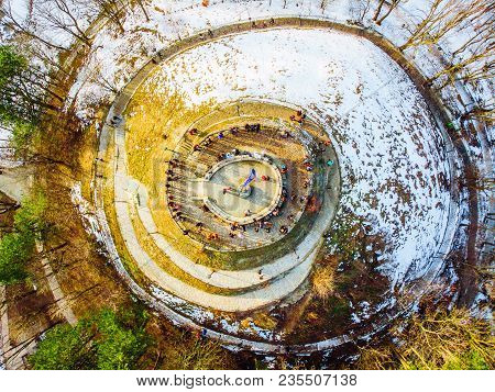 Tourists On Top Of Hill. High Castle In Lviv. Birds Eye View