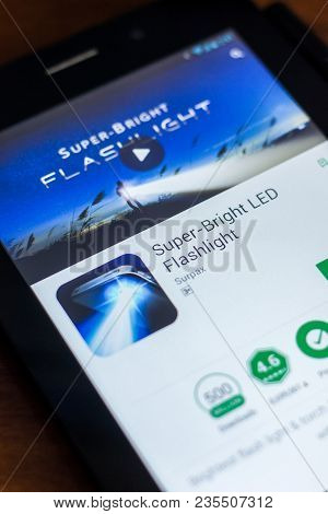 Ryazan, Russia - March 21, 2018 - Super Bright Led Flashlight Mobile App On The Display Of Tablet Pc