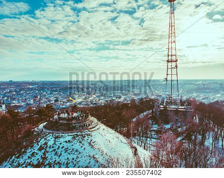 Tourists On Top Of Hill. High Castle In Lviv. Birds Eye View