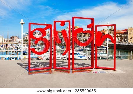 Gijon, Spain - September 25, 2017: Gijon Symbol Red Monument In The Centre Of Gijon City In Asturias