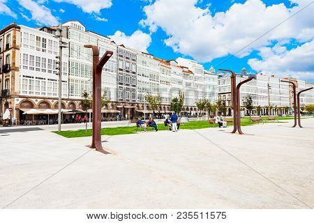 A Coruna, Spain - September 24, 2017: Traditional Galician Houses At The Embankment In The Centre Of