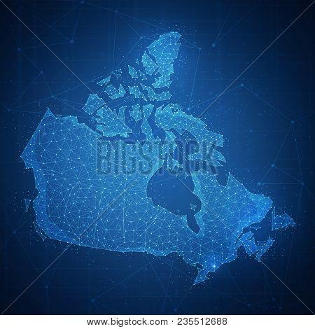 Polygon Canada map with blockchain technology peer to peer network on futuristic hud background. Network, p2p business, e-commerce, bitcoin trade and cryptocurrency blockchain business banner concept.