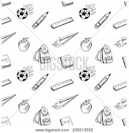 Seamless School Objects Background. Ink Sketch Doodle Backpack, Paper Airplane, Apple, Measure, Penc