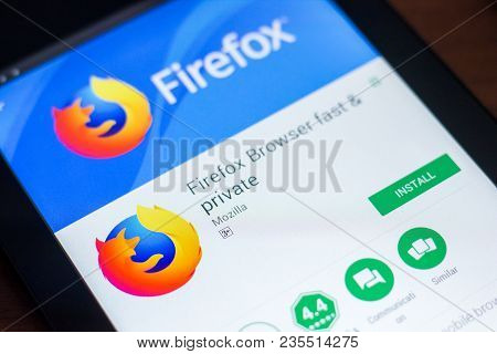 Ryazan, Russia - March 21, 2018 - Mozilla Firefox Browser Mobile App On The Display Of Tablet Pc