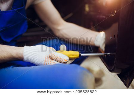 Man Hands Repair Left Door Car Locks Auto Mechanic