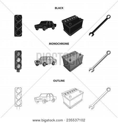 Traffic Light, Old Car, Battery, Wrench, Car Set Collection Icons In Black, Monochrome, Outline Styl