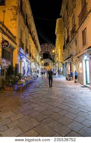 Tropea, Italy - September 06, 2016: Tourists Visit Famous Small Town In Southern Italy By Night