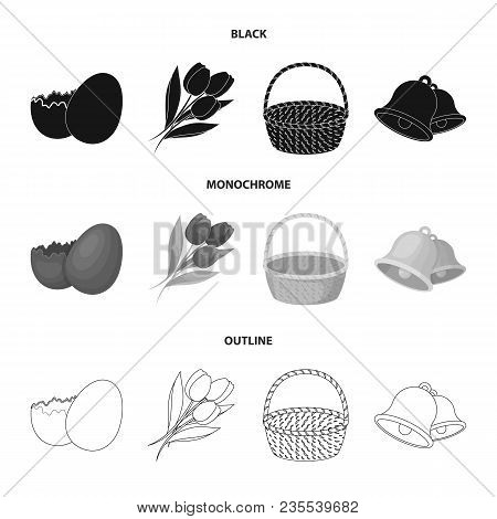 Chocolate Egg, Bells, Basket And Flowers.easter Set Collection Icons In Black, Monochrome, Outline S