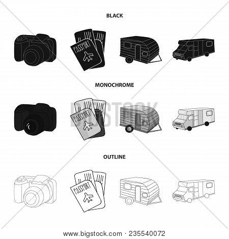 Vacation, Photo, Camera, Passport .family Holiday Set Collection Icons In Black, Monochrome, Outline