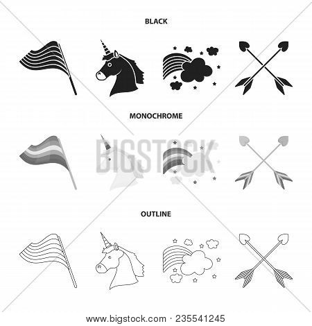 Flag, Unicorn Symbol, Arrows With Heart.gay Set Collection Icons In Black, Monochrome, Outline Style