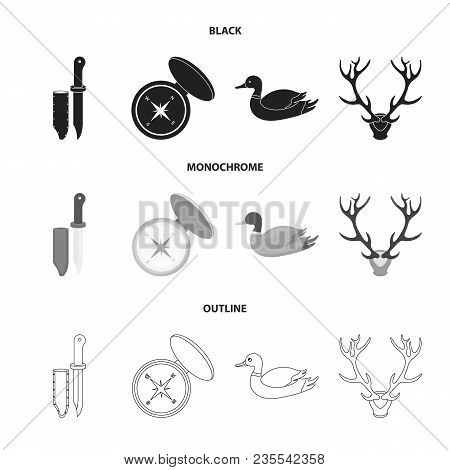 Knife With A Cover, A Duck, A Deer Horn, A Compass With A Lid.hunting Set Collection Icons In Black,