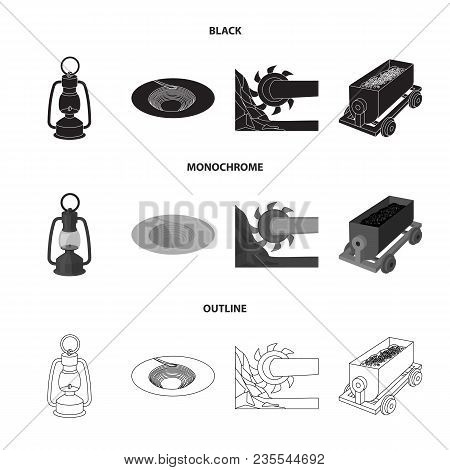 A Miner Lamp, A Funnel, A Mining Combine, A Trolley With Ore.mining Industry Set Collection Icons In