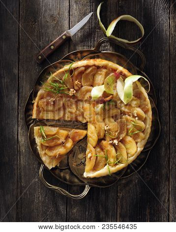 Traditional Franch Apple Dessert Tarte Tatin With Caramel Sauce.