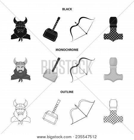 Viking In Helmet With Horns, Mace, Bow With Arrow, Treasure. Vikings Set Collection Icons In Black, 