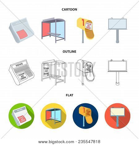 Newspapers, A Bus Stop, A Mail Box, A Billboard.advertising, Set Collection Icons In Cartoon, Outlin